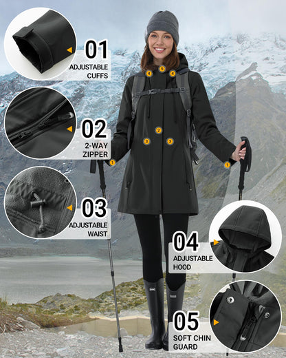 Outdoor Ventures Softshell Jacket Ladies Rain Jacket Functional Lightweight Rain Coat Windbreaker Waterproof Hiking Jacket Breathable Outdoor Jacket with Hood for Spring Fall Winter Black L