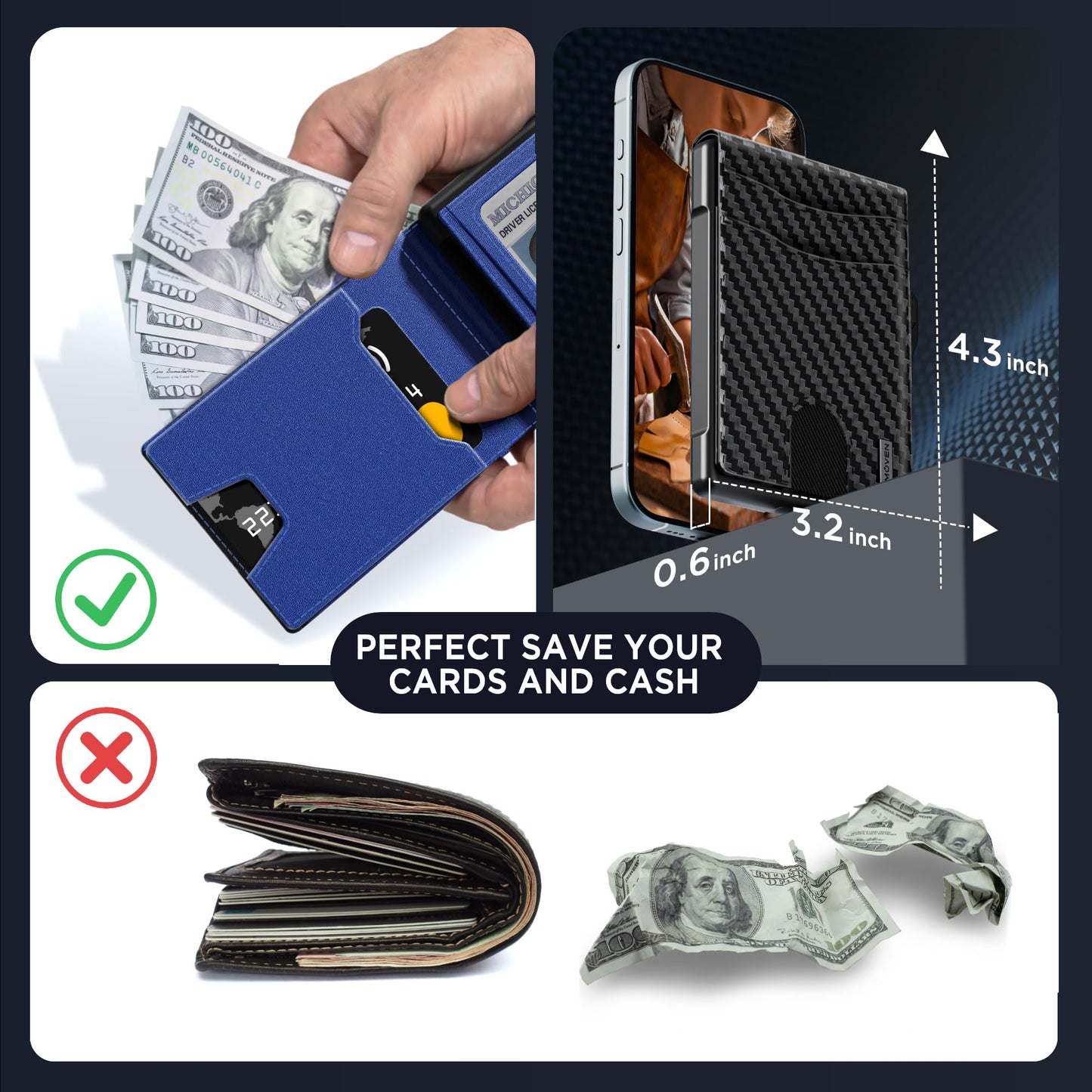 Wallet for Men - Pop Up Case, Cash Slot, and Credit Card Slot - Slim Aluminum Wallet with RFID Blocking, Minimalist Leather Wallet Front Pocket with ID Window, Gift Box (Carbon Fiber), Carbon Blue