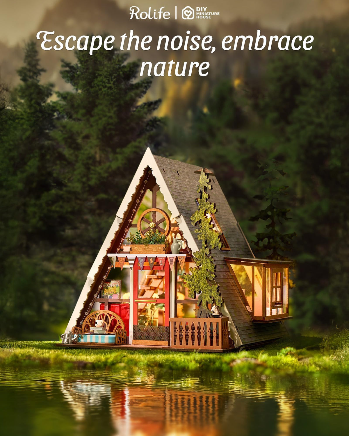 Rolife DIY Miniature House Kit A-Frame Cabin, 3D Wooden Puzzle Tiny House with Openable Skylight for Teens & Adults, Cozy Forest Cabin Décor, Creative Gift for Birthday & Holidays