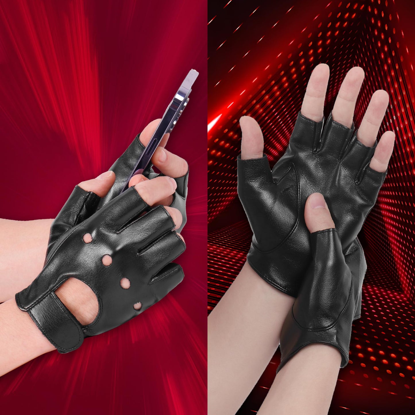 OurHonor Black Fingerless Gloves for Men Women, Halloween PU Leather Half Finger Glove Outdoor Driving Performance Costume Sport, Small (Style A)