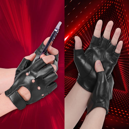 OurHonor Black Fingerless Gloves for Men Women, Halloween PU Leather Half Finger Glove Outdoor Driving Performance Costume Sport, Small (Style A)