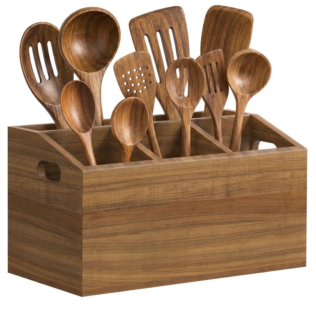 COAZEX Wooden Kitchen Utensil Holder for Countertop or Wall, Extra Large Acacia Wood Utensil Holder Organizer with 5 Compartments, Rustic Utensil Caddy for Cooking Tools & Silverware