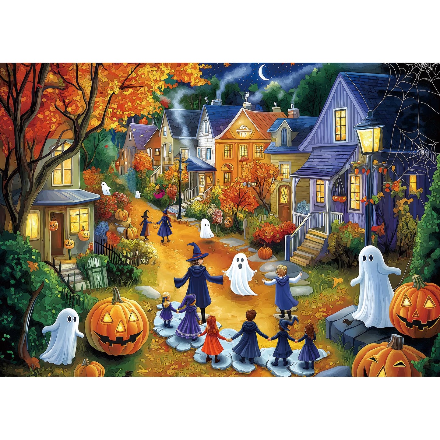 Halloween 1000 Piece Puzzle for Adults Jigsaw Puzzle Spooky Trick-or-Treat Scene with Pumpkins Ghosts & Haunted Houses Autumn Challenging Fun Family Game Night Puzzle with Poster（27"x20"）