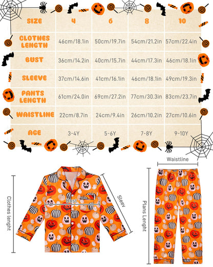 Sylfairy Girls Halloween Pajamas Silk PJS Set Pumpkin Satin Sleepwear Short Sleeve Jammies for Kids Button-Down Nightwear Scary Halloween Pumpkin Costume Size 7 Size 8 Size 7-8
