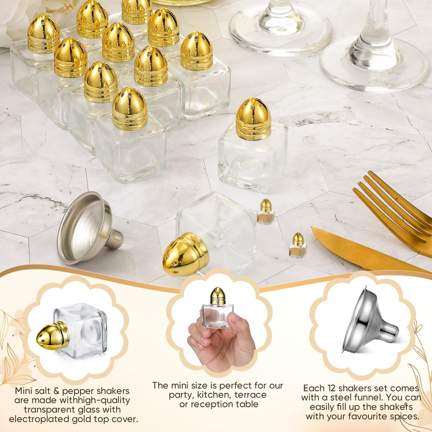 Maxcheck 50 Pcs 0.5 oz Small Cube Shape Salt and Pepper Shakers with Tone Tops Clear Mini Glass Seasoning Jars Spice Salt Shakers with Funnel for Home Wedding Party Restaurant Kitchen (Gold)