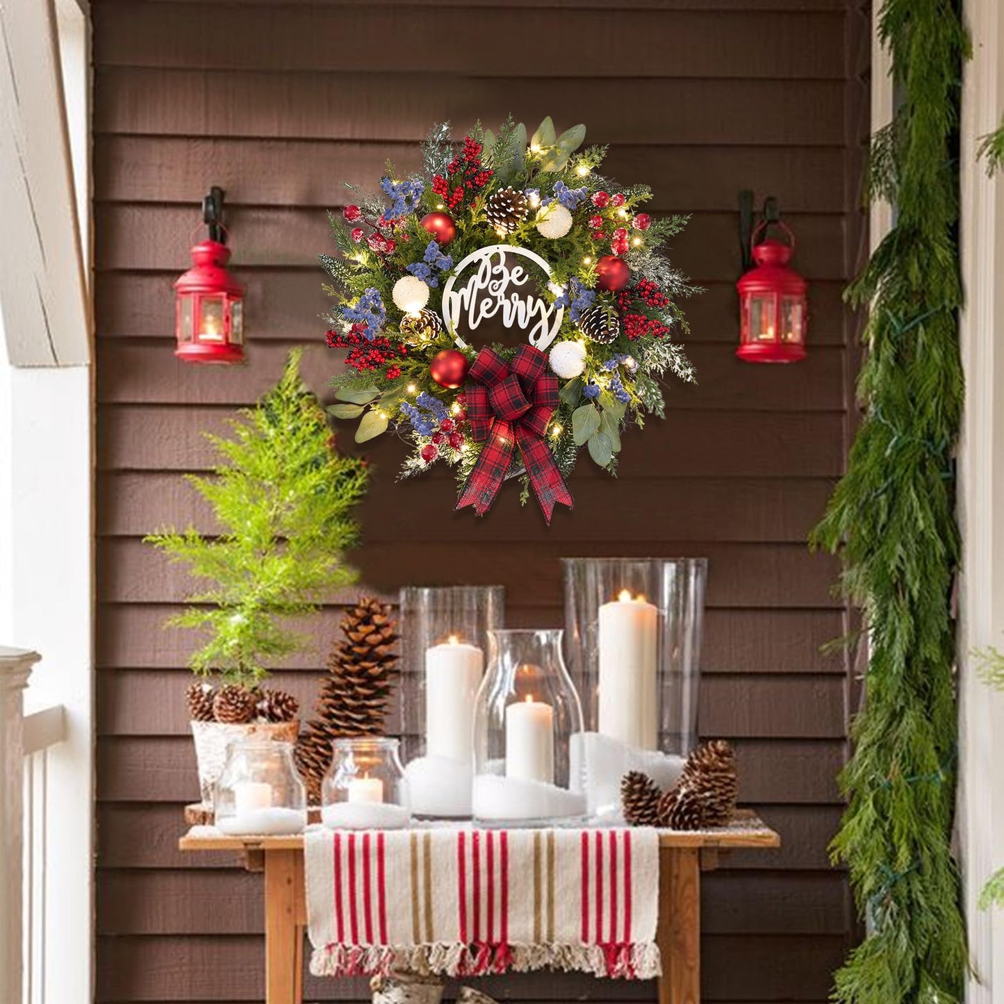 Prelit Christmas Wreath for Front Door Outside,22 inch Be Merry Wreath with red Black Buffalo Plaid Bow,Lighted Farmhouse Christmas decoration-30 LED Light/Timer,Winter Door Wreath, Porch Decor