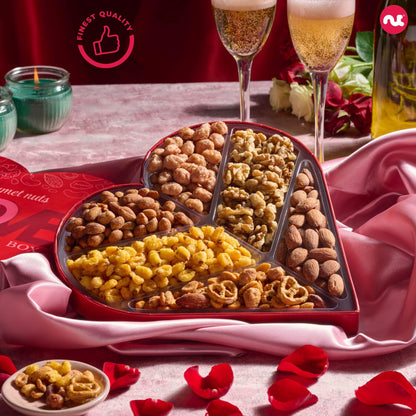 NUT CRAVINGS - Valentines Day Mixed Nuts Heart Shaped Gift Basket, Love in A Box (6 Assortments) Romantic Food Arrangement, Healthy Snack Care Package, Food Assortments