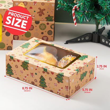 JOYIN 12 PCS Foiled Christmas Cookie Boxes for Gift Giving, 8.75" x 5.75" x 2.75” Bakery Boxes with Window, 3 Design Brown Kraft Cardboard Treat Box for Xmas Holiday Pastries Cupcakes Doughnut Wrap