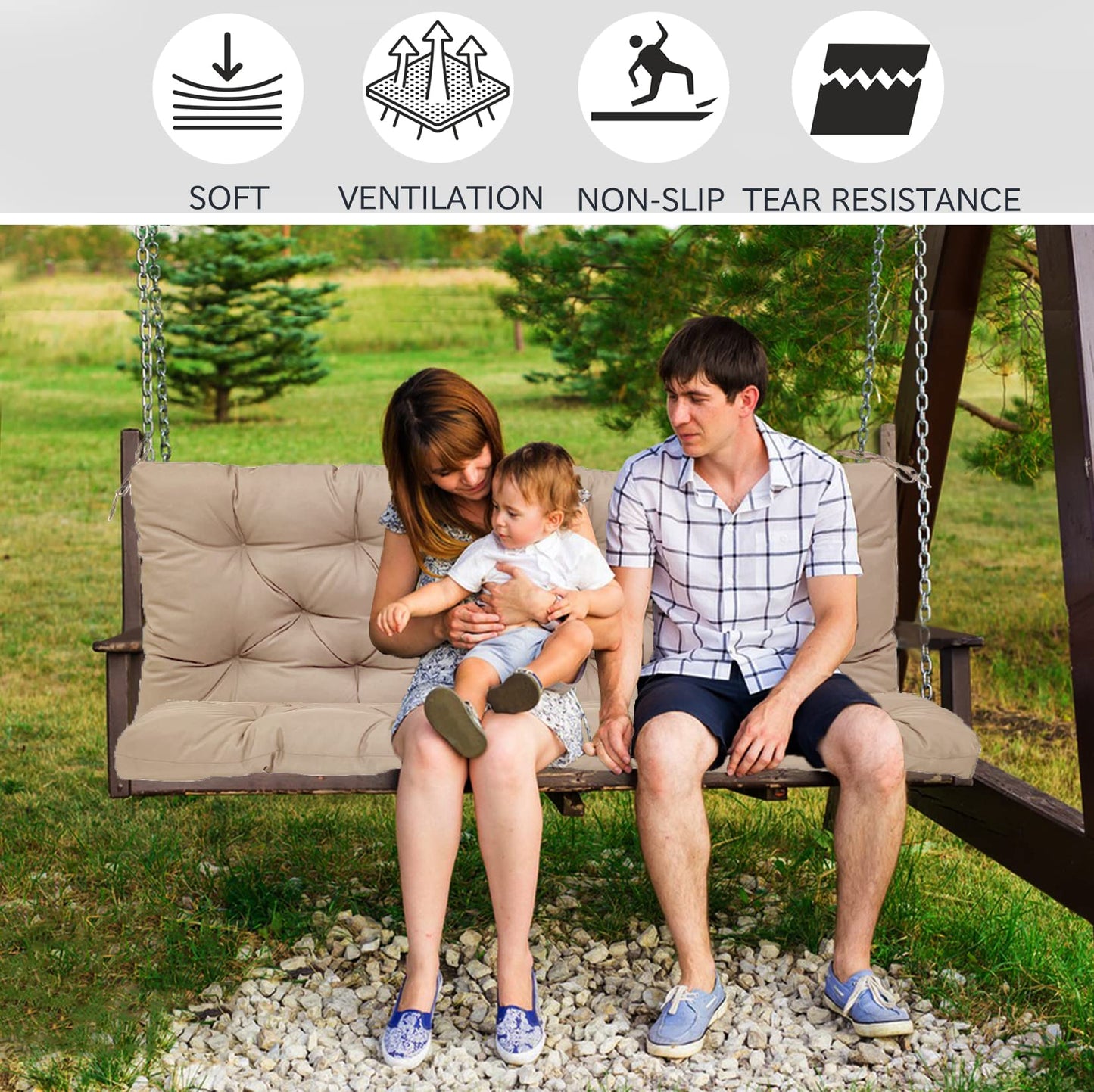 Sauqzoh Replacement Cushions for Swing, Swing Cushions 3 Seater Replacement, Waterproof Thicken Washable Cushion for Outdoor Indoor Furniture Swing Patio (Khaki, 40x40 inch)