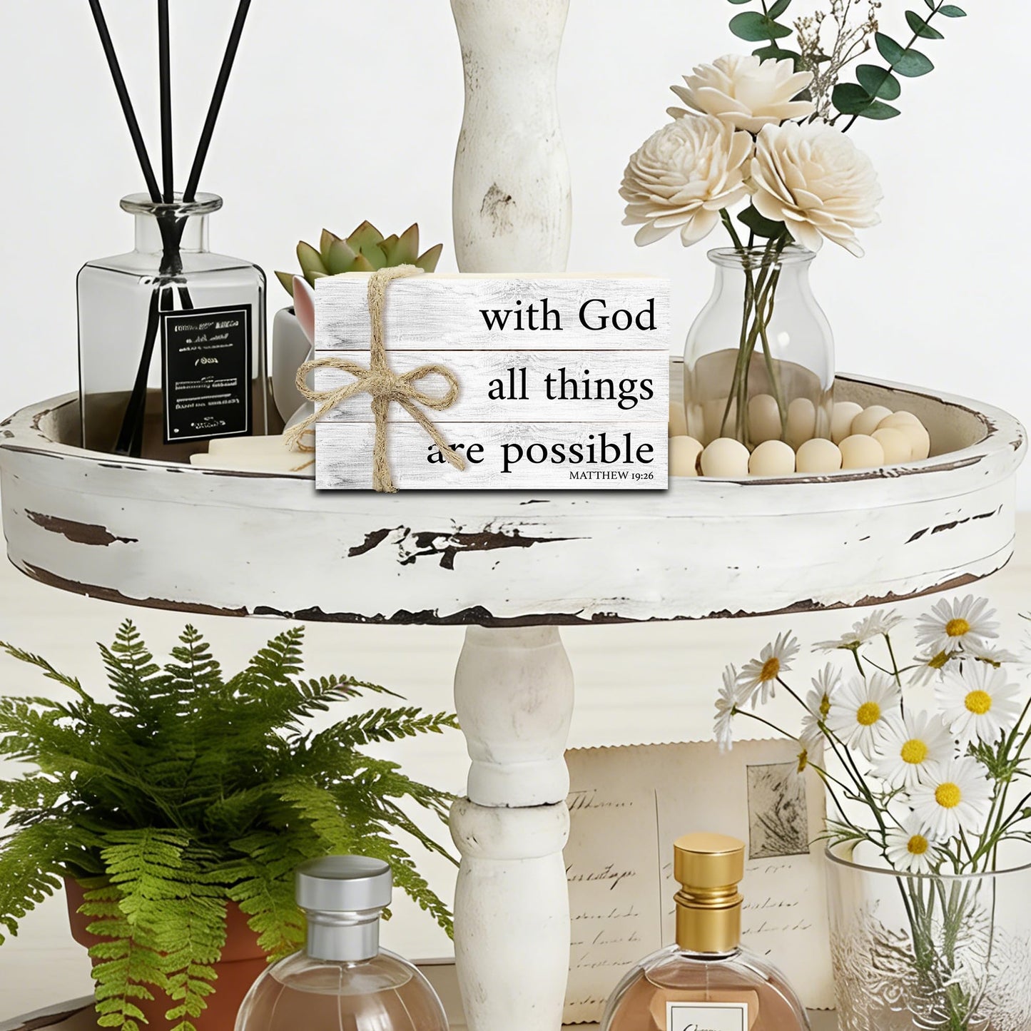 Mini Decorative Books For Home Decor, Small Christian Table Faux Wood Book Stack Decor, With God All Things Are Possible Bible Stacked Book Decor, Stack Display Book For Shelf, Three Pieces -A(02)
