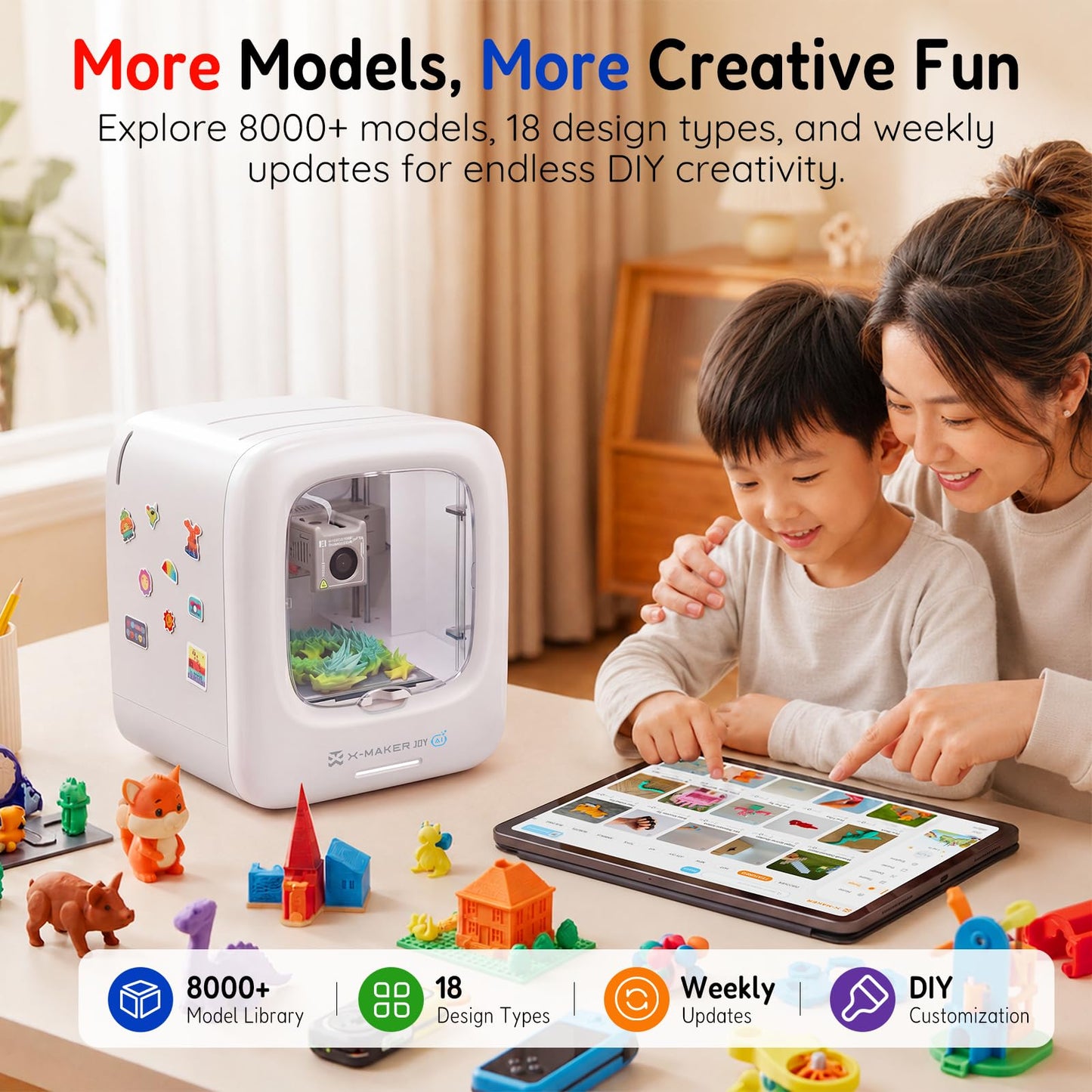 AOSEED 3D Printer for Kids, Fully Assembled AI 3D Printer with 8,000+ Models & 17+ Modules, 400mm/s High Speed, Leveling Free, STEM Toy Gift with 1 PLA Filament for Home & School, X-Maker Joy AI+