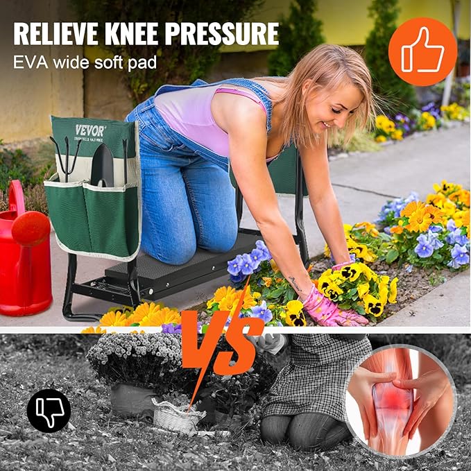 VEVOR Garden Kneeler and Seat, 330 lbs Load Capacity, 8" EVA Wide Pad, Foldable Garden Stool, Kneeling Bench for Gardening with Tool Bag, Gifts for Women, Grandparents, Seniors, Mom and Dad