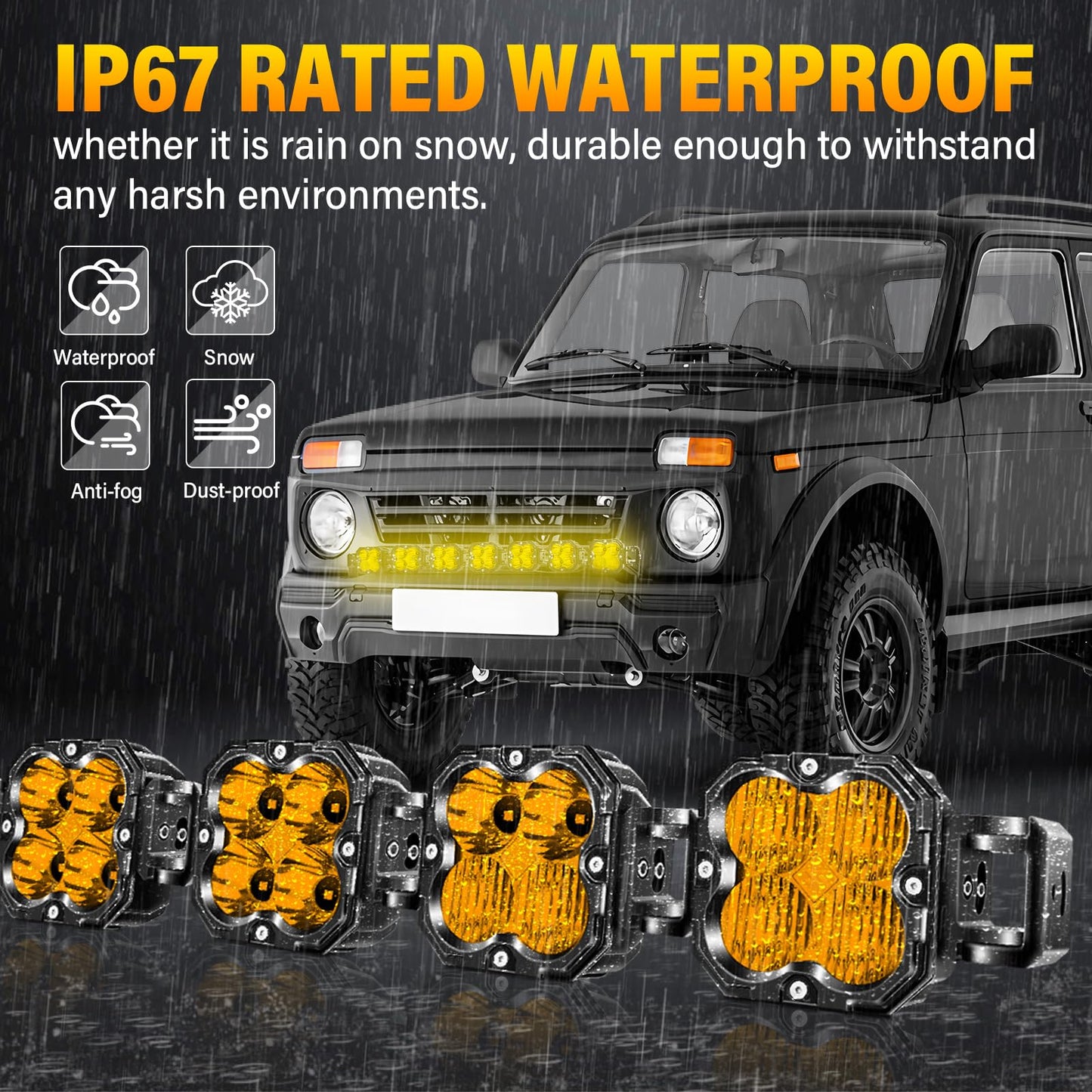 SKYWORLD 7 Pcs Amber Cube LED Pod Light, 4 Inch 30W Spot Flood Combo Beam Work Lights with Wire kit,3055K Car Off-Road Driving Lamp for ATV, UTV, 4x4, Tractor,Truck,Motorcycle