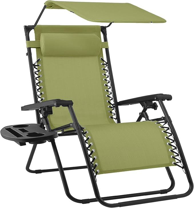 Best Choice Products Folding Zero Gravity Outdoor Recliner Patio Lounge Chair w/Adjustable Canopy Shade, Headrest, Side Accessory Tray, Textilene Mesh - Dusty Green