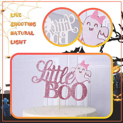 1 Pack Little Boo Halloween Cake Topper Glitter Happy Boo Day Ghost Cake Pick Baby Shower Birthday Happy Halloween Party Cupcake Decoration Supplies Pink