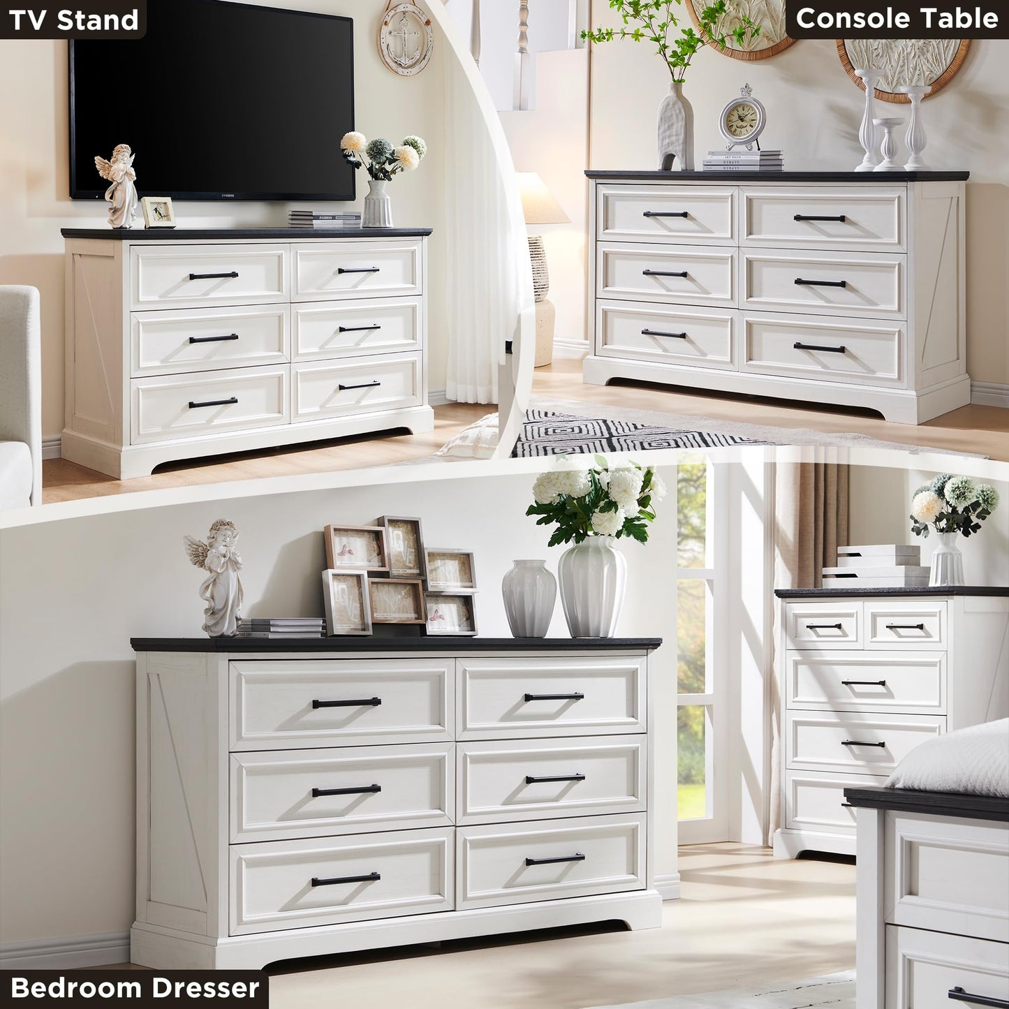 ACCOHOHO Farmhouse 6 Drawer Dresser for Bedroom, 52 Inch Wide Modern Dresser TV Stand with Large Drawers & Bar Handles, Rustic Wood Chest of Drawers for Bedroom, Living Room, Hallway, Off White