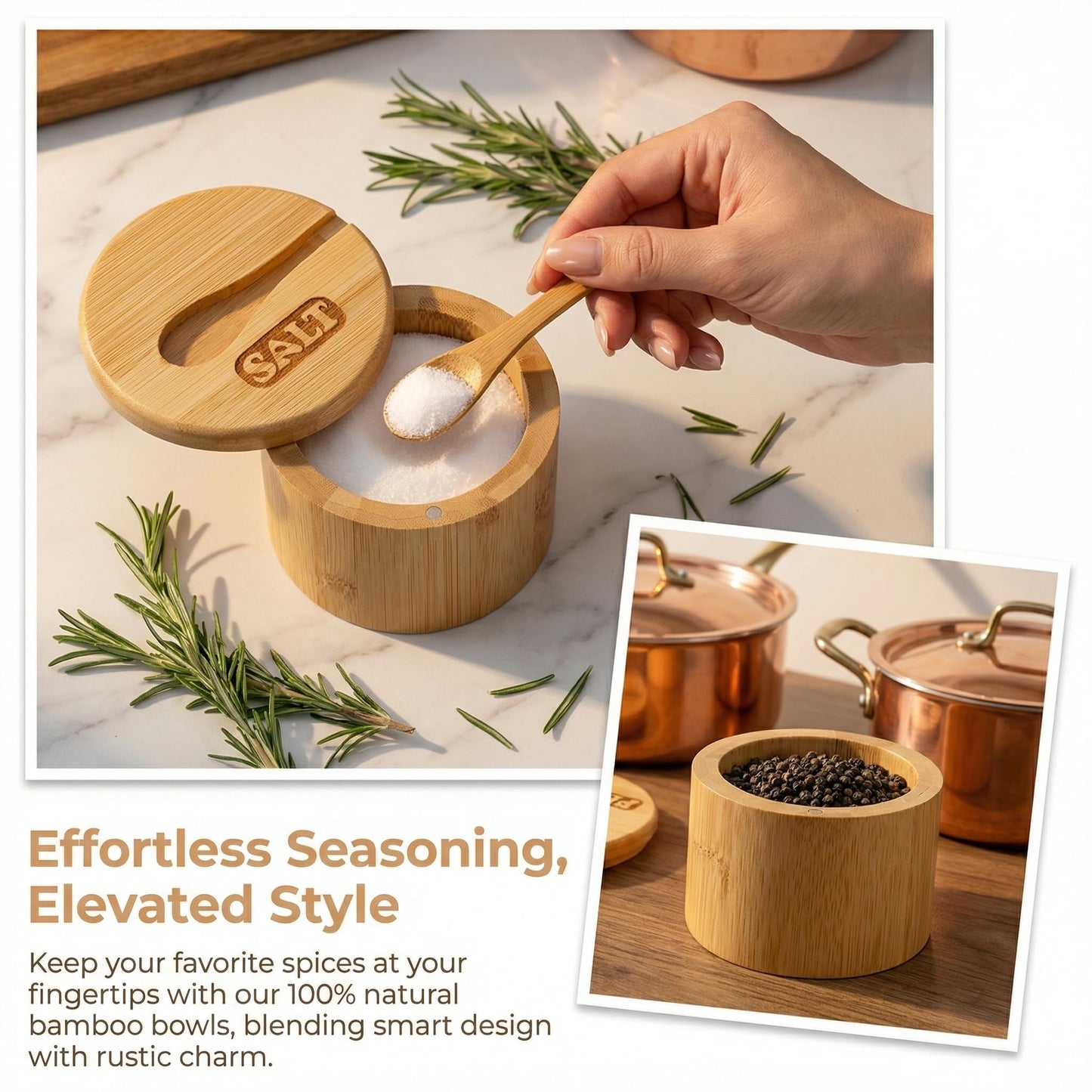 Lawei 2 Pack Bamboo Salt and Pepper Bowls, Round Salt Container with Magnetic Swivel Lids and Spoons, Bamboo Salt Cellars, Seasoning Storage Holder Box for Salt, Pepper, Sugar, Spice