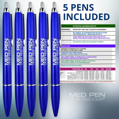 Field Equipt Med Pen Pens for Nurses, Retractable Cheat Sheet, Nursing School Essentials, Medical Assistant and Nurse Gifts for Women, 5 Pack (Blue)
