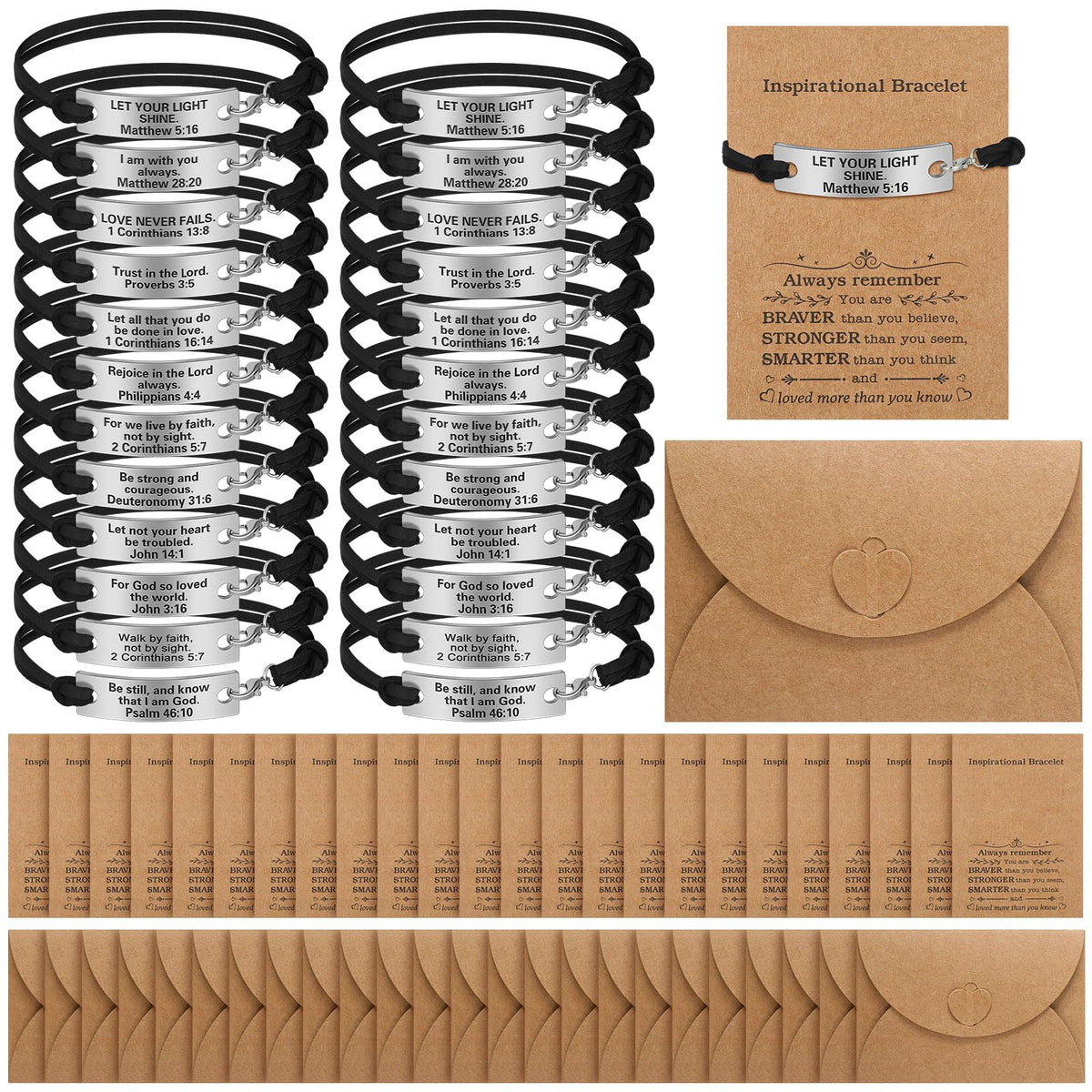 Bucherry 24 Pack Bible Verse Party Favors Christian Easter Gifts Bulk Easter Church Bracelets for Women Men with Religious Gift Cards Envelopes Engraved Inspirational Verse Bracelets(Black)