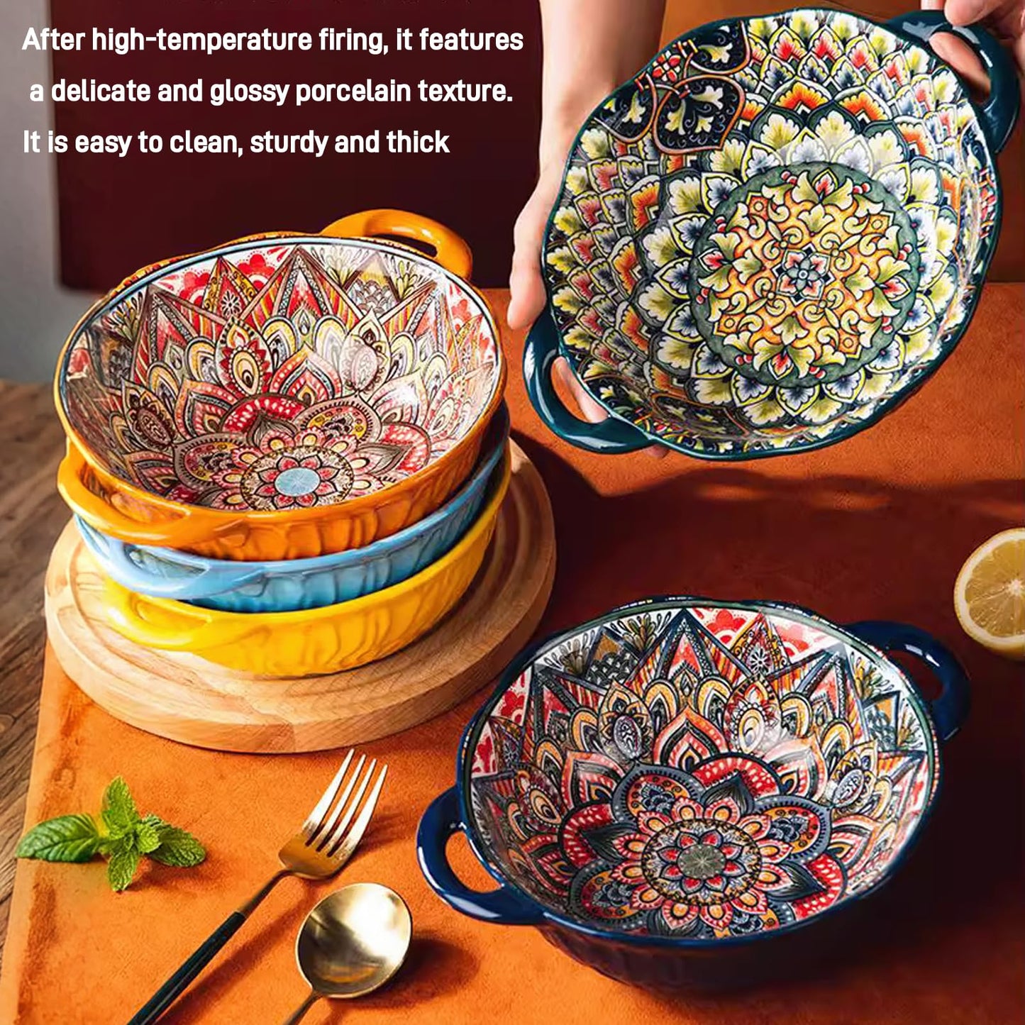 Ronanemon Bohemia Large Bowls with Handle, 40 oz Ceramic Soup Bowl for Salad, Pasta, Cereal,Fruit, Udon, Microwave & Dishwasher Safe (Blue)
