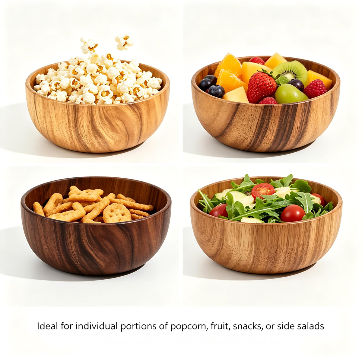Acacia Wood Serving Bowls, Nesting Wooden Bowls, Natural Handcrafted Bowls for Salad, Fruit, Snack, Cereal, Popcorn, Food-Safe & Durable for Kitchen, Dining & Parties