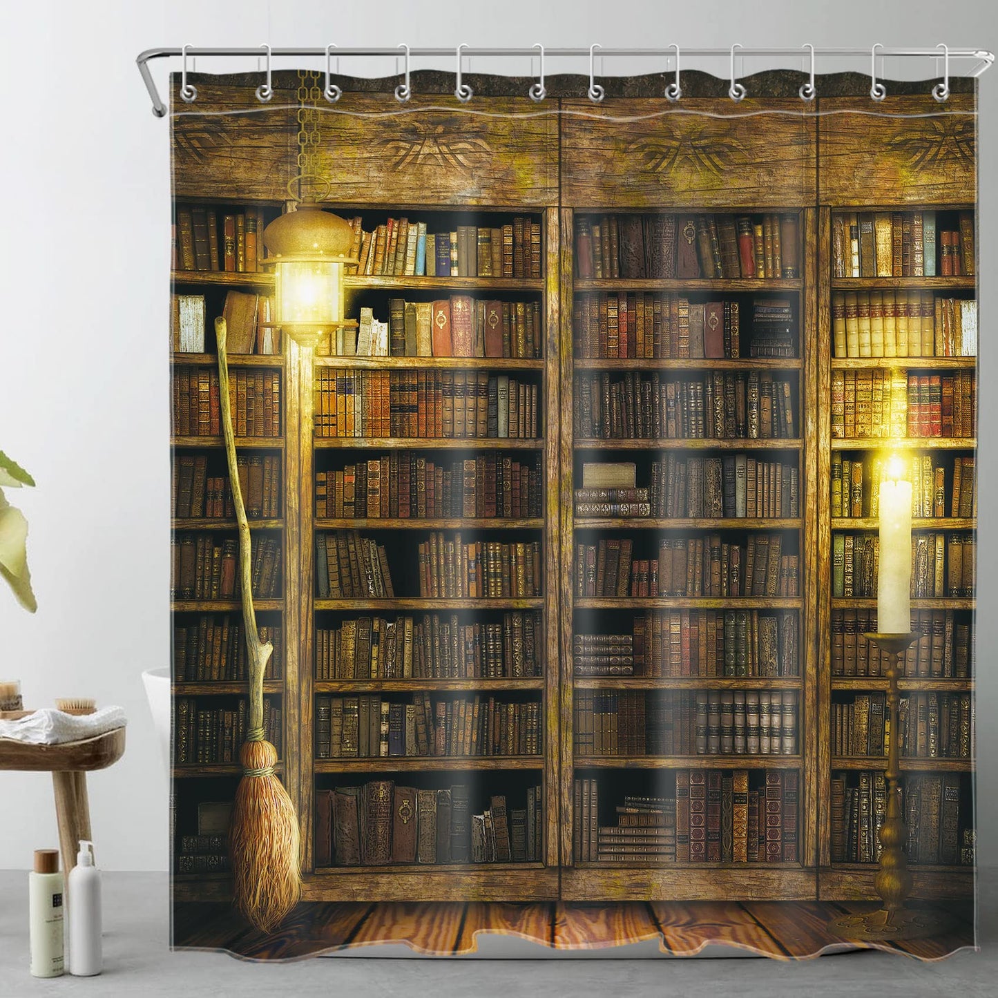 LB Witch Shower Curtain Magic Book Shelf Flying Broom Shower Curtains for Bathroom Magical Wood Cabin Halloween Bathroom Curtain,72x72 Inches Waterproof Fabric Shower Curtain Set with Hooks