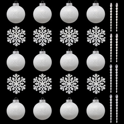 SLEETLY 28-Piece White Christmas Tree Ornaments – 12 Large 3.15” Shatterproof Glitter Snow Balls with 8 Icicles and 8 Snowflakes Set – Elegant Holiday Xmas Decorations for Farmhouse Winter Decor