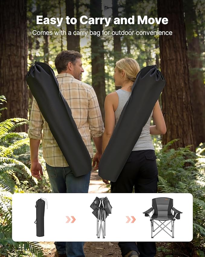 VEVOR Oversized Camping Folding Chair, Portable Heavy Duty Outdoor Quad Lumbar Back Padded with Side Pockets, Cup Holder and Cooler Bag for Beach, Lawn, Picnic, Fishing, Backpacking, 2 Pack