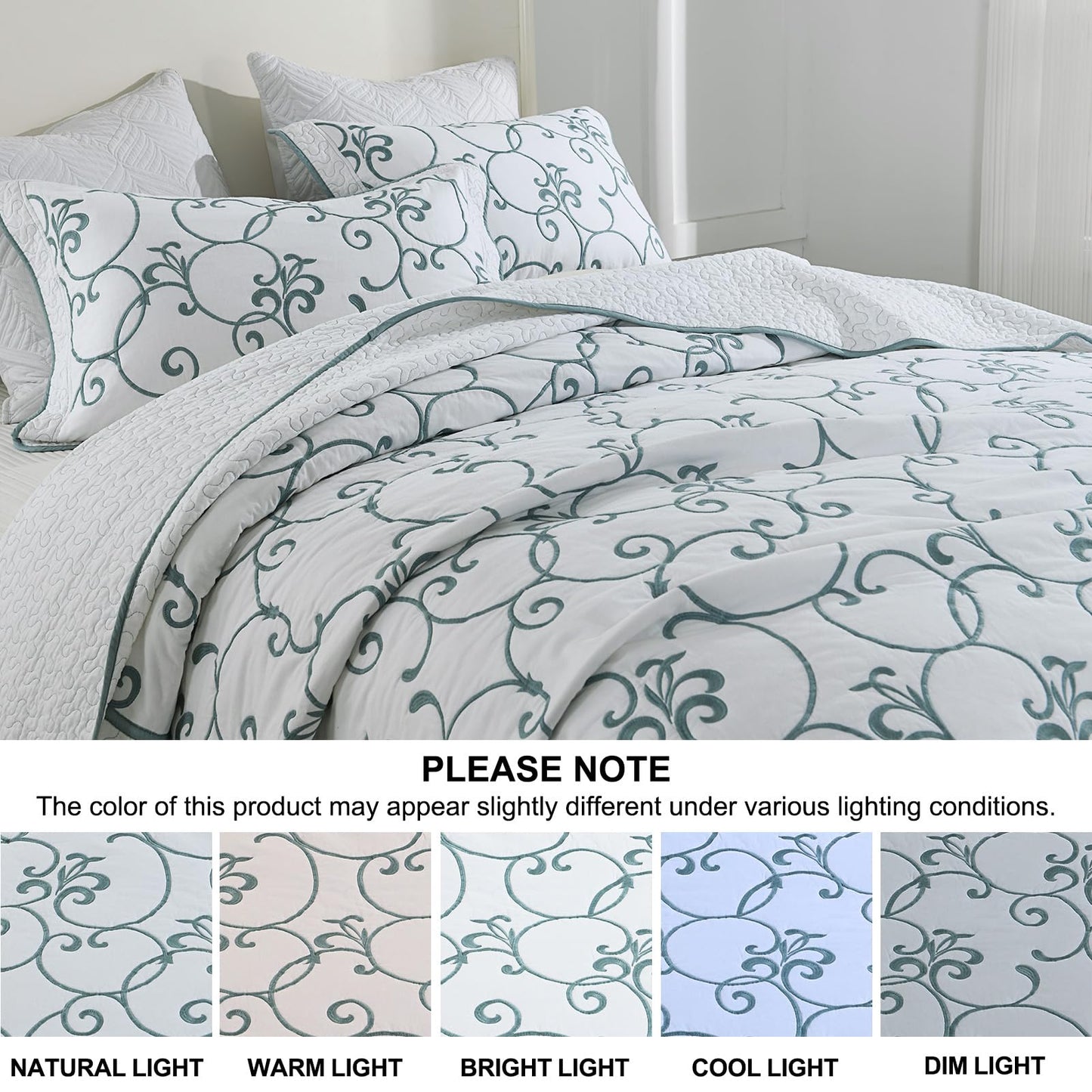 FineStichery Oversized Queen Bedspread 120"x102" - 100% Cotton Extra Large Quilt, Embroidered Bedspread Coverlet with Pillow Shams, Lightweight Quilted Bedding Set 3 Piece, Aqua Blue/White