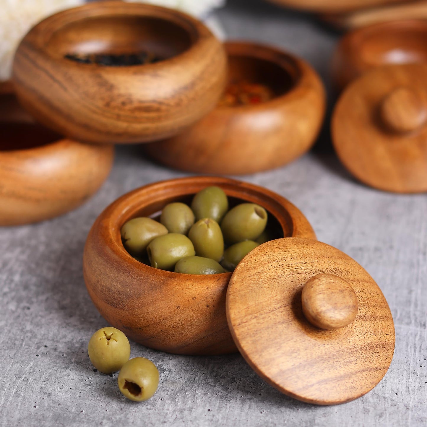 LAVAUX DESIGNS acacia wood set of 6 bowls with lid, 3.5X2 inches (3 oz), Rustic looking wood salt containers can also be used as spice box, storage for condiments, sugar, tea, celtic salt or nuts