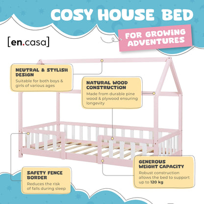 [en.casa] Children's bed Sisimiut House bed 90 x 200 cm with fall-out protection Slatted frame Pine Pink/White