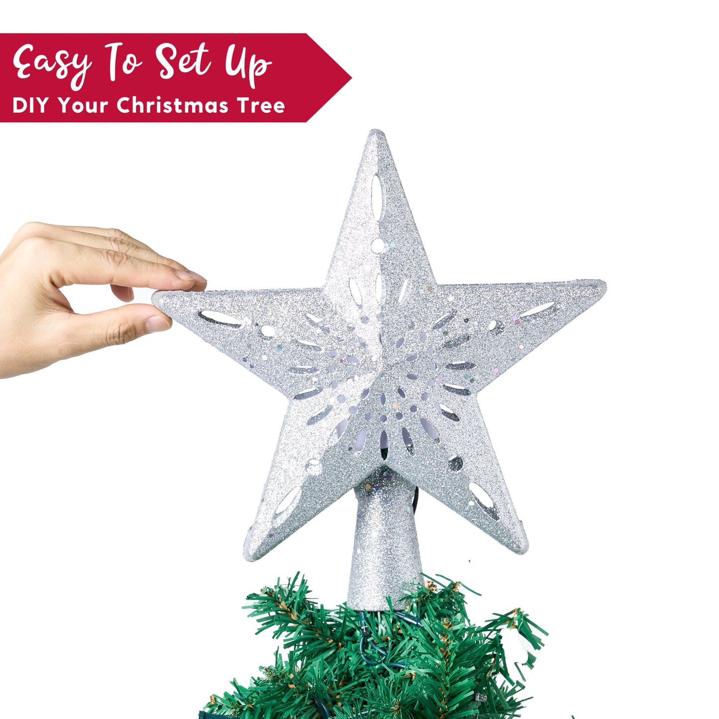 Joiedomi Christmas Silver Star Tree Topper Lighted with Projector, Built-in LED Rotating Lights, 3D Glitter Xmas Decorations for Party Holiday Indoor Decor
