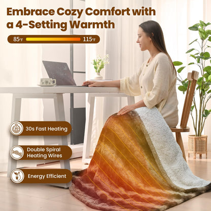 Bearhug Electric Blanket King Size 100" x 90", Dual Controller Heated Blanket, White Flower Patterns Faux Fur & Warm Sherpa, 10-Heat Levels & 1-12H Auto Off,ETL, Machine Washable