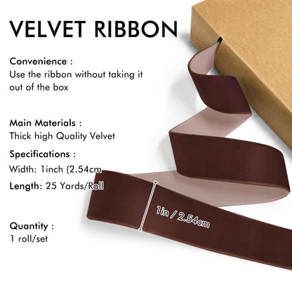 Brown Velvet Ribbon 1'' 25 Yards for Christmas Tree, Gift Wrapping, Flower Bouquet, Wreath Decorations, Bow Making