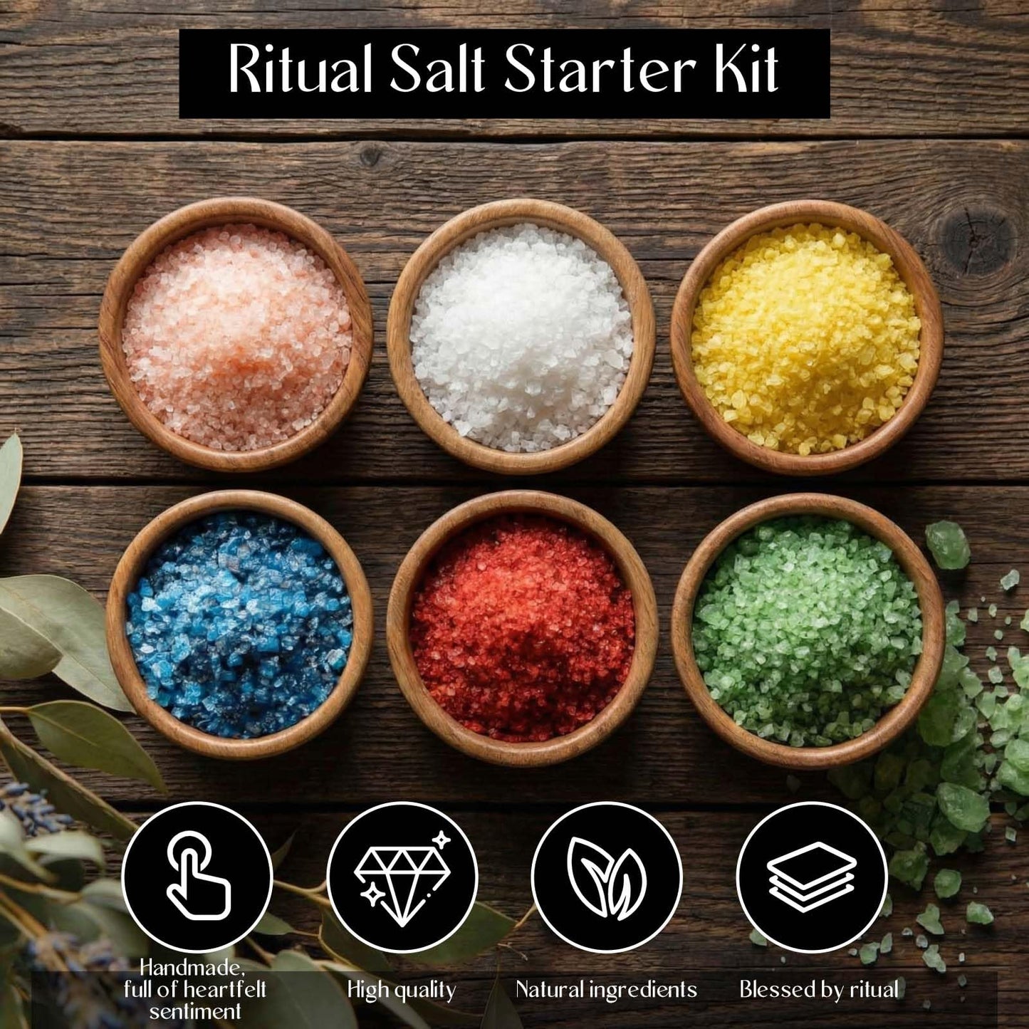 ElaraBerry 6 Pack Ritual Salt Starter Collection Pack with Dispensing Bottles Chalkboard Labels for Ceremony and Spell Handcrafted Negative Energy Rituals Protection Crystals for Witchcraft Supplies