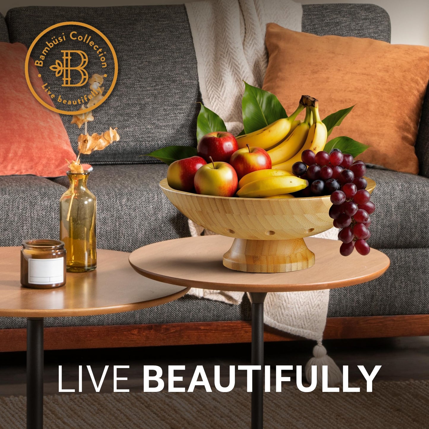 Fruit Basket for Kitchen Counter - Fruit Bowl for Kitchen Counter, Bamboo Pedestal Fruit Basket with Ventilation Holes, Wooden Fruit Bowl for Fruit and Vegetable Storage, Decorative Frutero for Cocina
