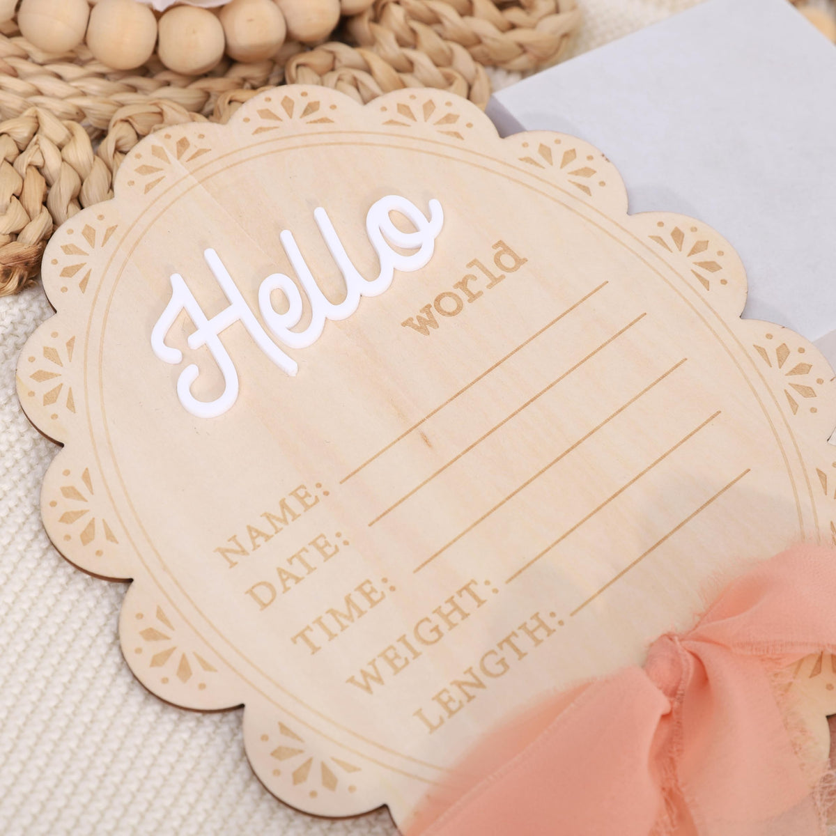 Girls Hello World Wood Sign - Newborn Birth Announcement Plaque, Scallop Edge Wooden Sign Disc, Hospital Name Welcome Baby Photo Props, Baby Shower Keepsake Gifts