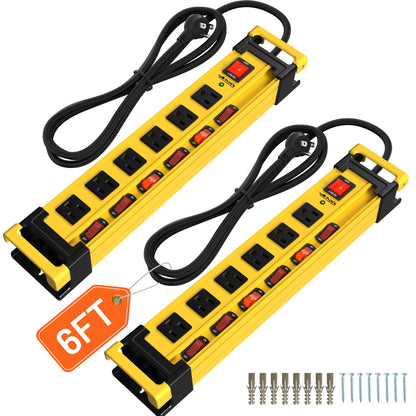Power Strip Surge Protector 2700J with Individual Switches and Flat Plug, 3FT Heavy Duty Cord 6 Wide Spaced Outlet Mountable Metal Power Strips with Cord Manager and Hanger