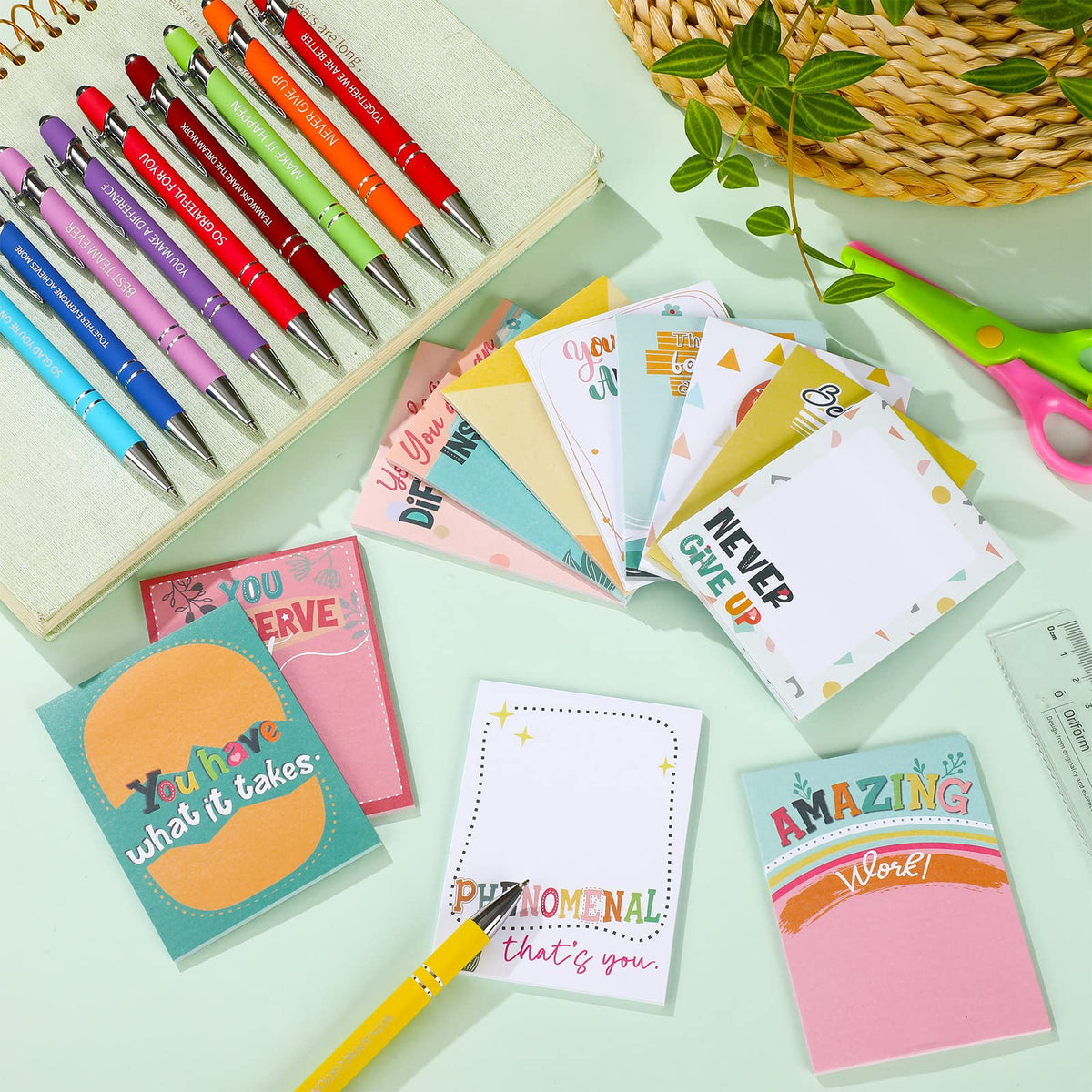 Geyee 24 Pcs Employee Sticky Notes with Funny Pen 3 x 4 Inch to Do List Notepads with Sayings Pen for Coworkers Nurse Teacher Employee Office Staff Work Appreciation Administrative Professional Gifts