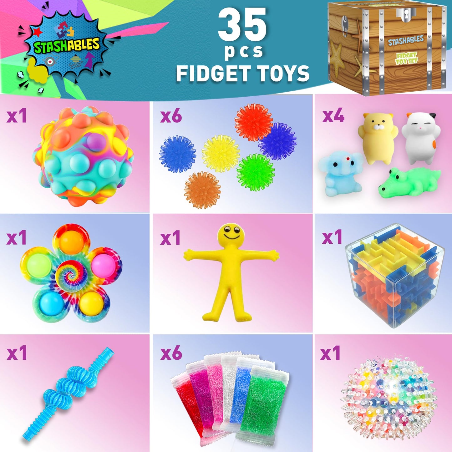 Sensory Fidget Toys Pack - Stress Relief and Anti Anxiety Toys for Kids - Cool Fidget Packs with Stress balls, Fidget Cube, & More for Party Favours, Prizes, Travel, & Pinata Stuffers