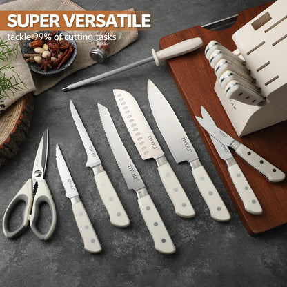 TIVOLI 15 Pieces Knife Set with Block, Forged, High Carbon Stainless Steel Sharp Blade Kitchen Knife Block Set with Ergonomic Wood Handle, Dishwasher Safe Cutlery, Gifts For Cooks, Cream White