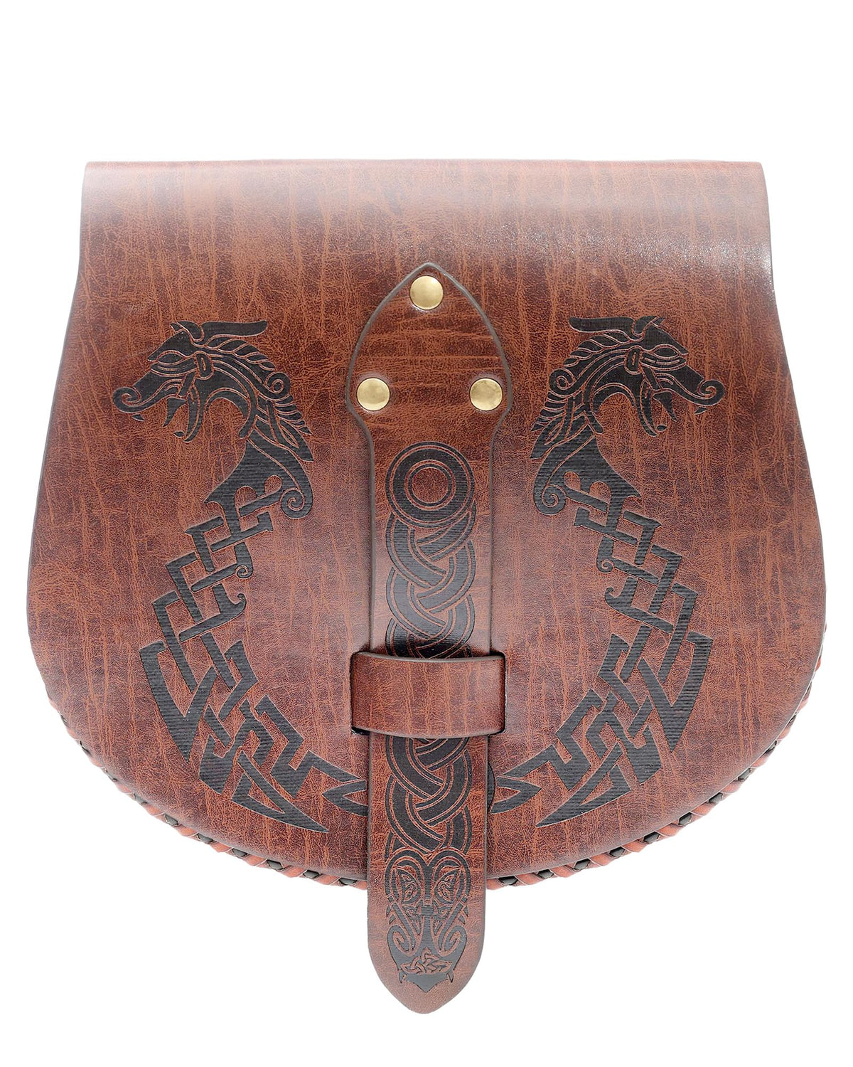 CoTeeZa Medieval Faux Leather Belt Pouch - Adjustable Brown Viking Dragon Ship Embossed Waist Bag for LARP Renaissance Halloween Cosplay Festival Costume Accessories for Men Women