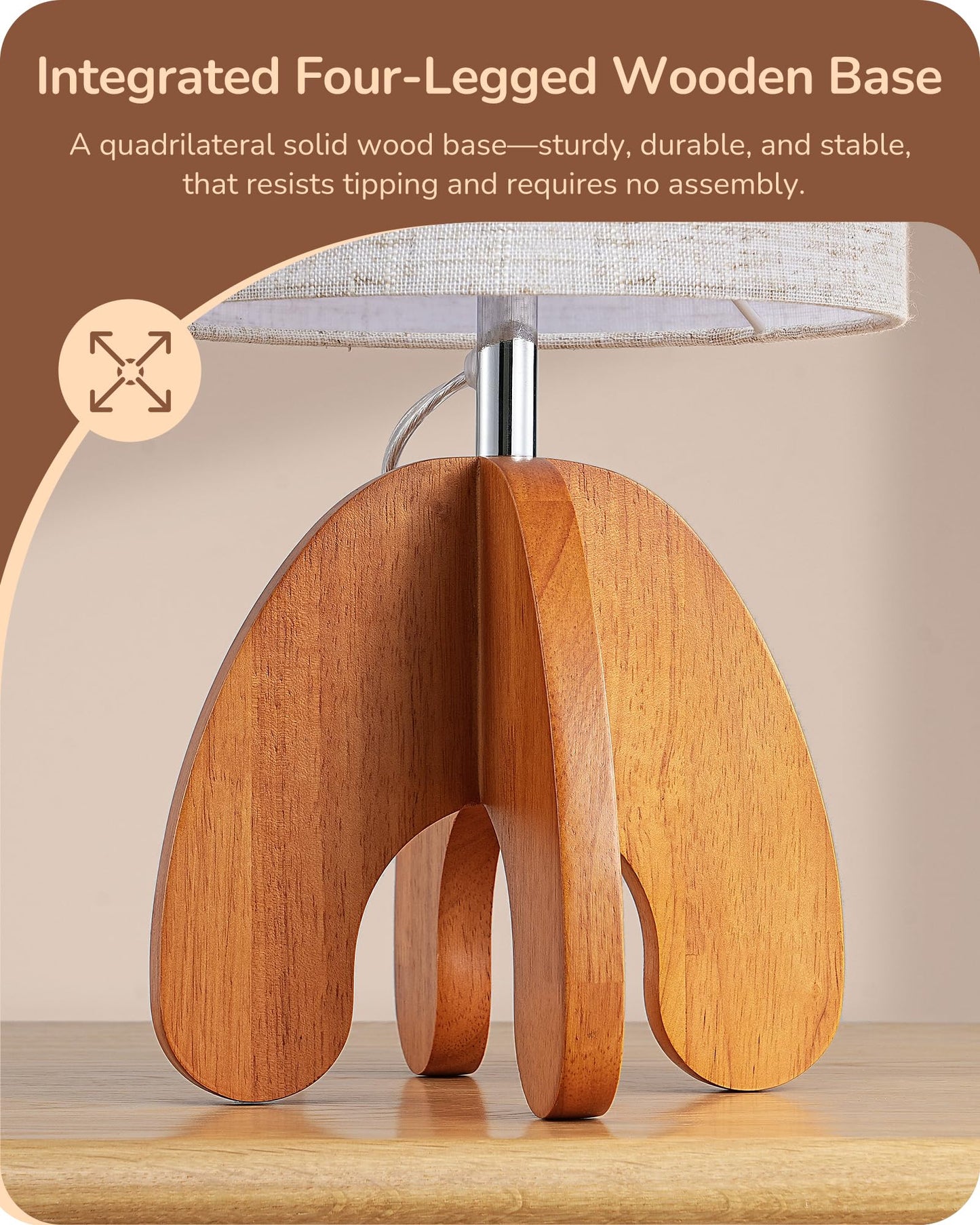 EDISHINE Wood Table Lamp, Small Nightstand Lamp with Beige Linen Lampshade, Integrated Four-Legged Wooden Base, End Bedside Lamp for Nursery, Bedroom, End Table, ON/Off Switch, E26, 14.17"