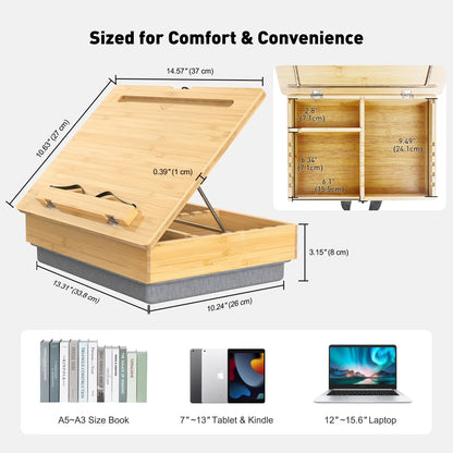 AboveTEK Book Stand for Reading with Storage, Adjustable Bamboo Book Holder with Soft Lap Cushion, Cookbook Stand, Hands-Free Book Reading Stand for Bed, Desktop & Kitchen Counter