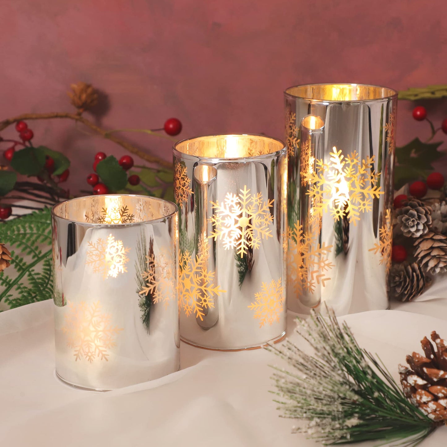 GORGE MOMENT Flameless Candles with Remote, Christmas Holiday LED Flickering Candles, Snowflake Candle Glass, Battery Operated, Xmas Gift Decorations Bathroom Home Party Decor [x3]