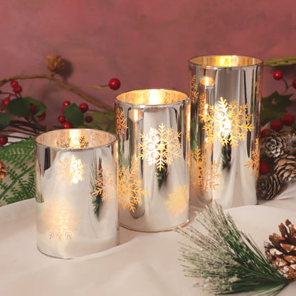 GORGE MOMENT Flameless Candles with Remote, Christmas Holiday LED Flickering Candles, Snowflake Candle Glass, Battery Operated, Xmas Gift Decorations Bathroom Home Party Decor [x3]