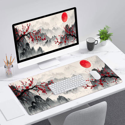 Watercolor Cherry Blossom Gaming Mouse Pad - Chinese Ink Painting Mountain Desk Mat With Stitched Edge Non-Slip Base for Office Computer Keyboard Laptop Home 31.5"x11.8"