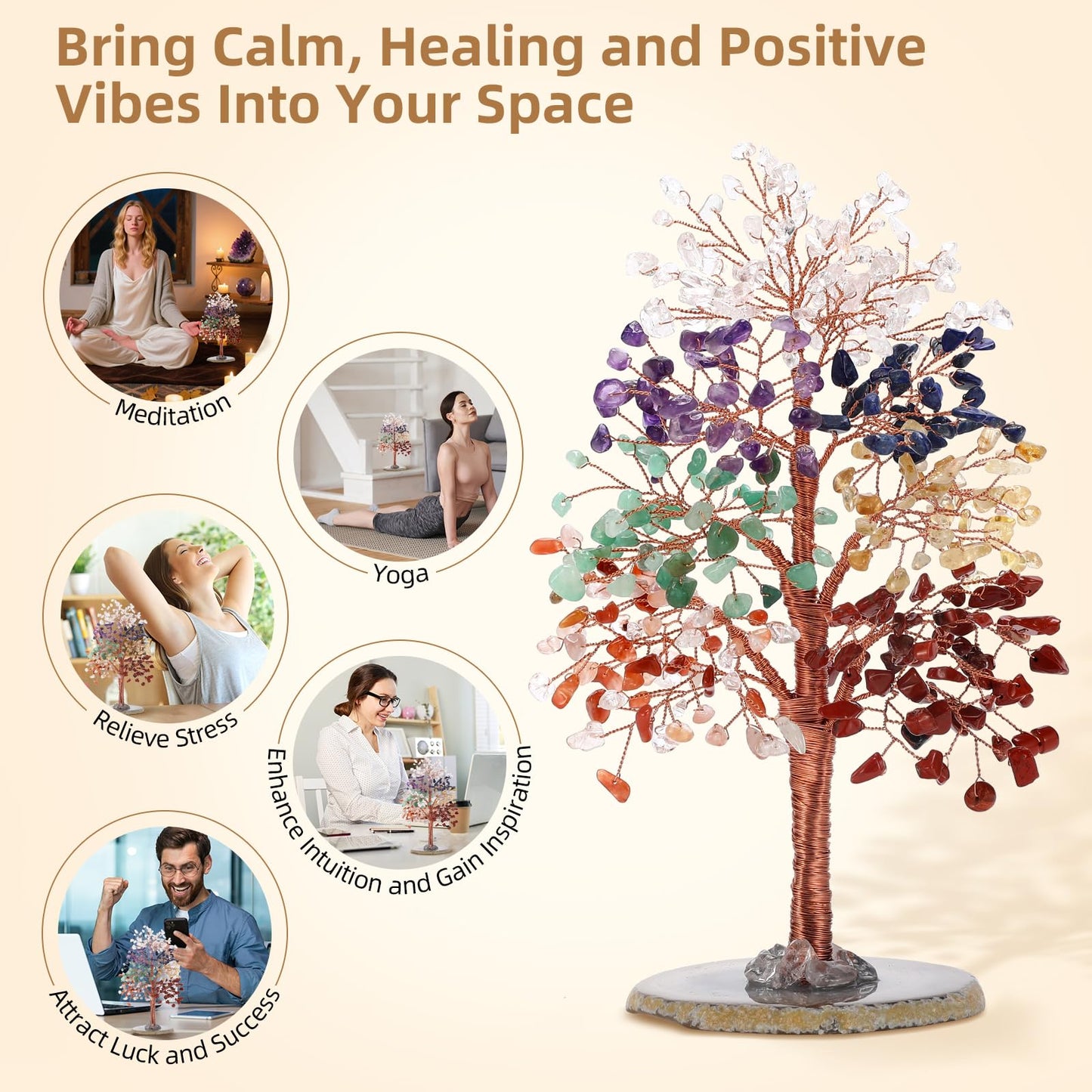 Hopeseed 7 Chakra Crystal Tree of Life Handmade Bonsai Healing Crystal Trees for Home, Desk, Living Room, Office Decor for Positive Energy, Good Luck Birthday Gifts for Women, Mom, Men