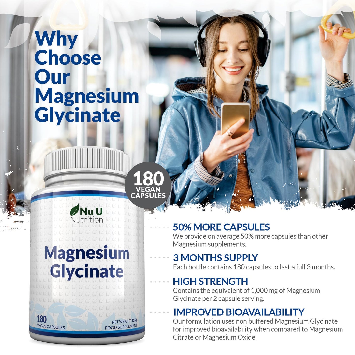 Magnesium Glycinate Supplements 1000mg (Bisglycinate) - 180 High Strength Vegan Capsules - 3 Month Supply - Providing 200mg of Elemental Magnesium - Made in The UK - Nu U Nutrition