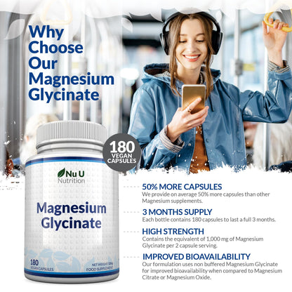 Magnesium Glycinate Supplements 1000mg (Bisglycinate) - 180 High Strength Vegan Capsules - 3 Month Supply - Providing 200mg of Elemental Magnesium - Made in The UK - Nu U Nutrition
